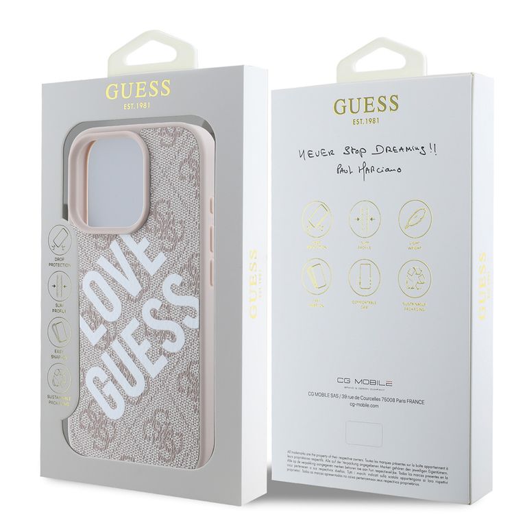 Guess PU 4G Hard Case with Big Love Guess Logo For iPhone 16 Pro Max, High Quality Material, Lightweight, Easy Snap-on - Pink