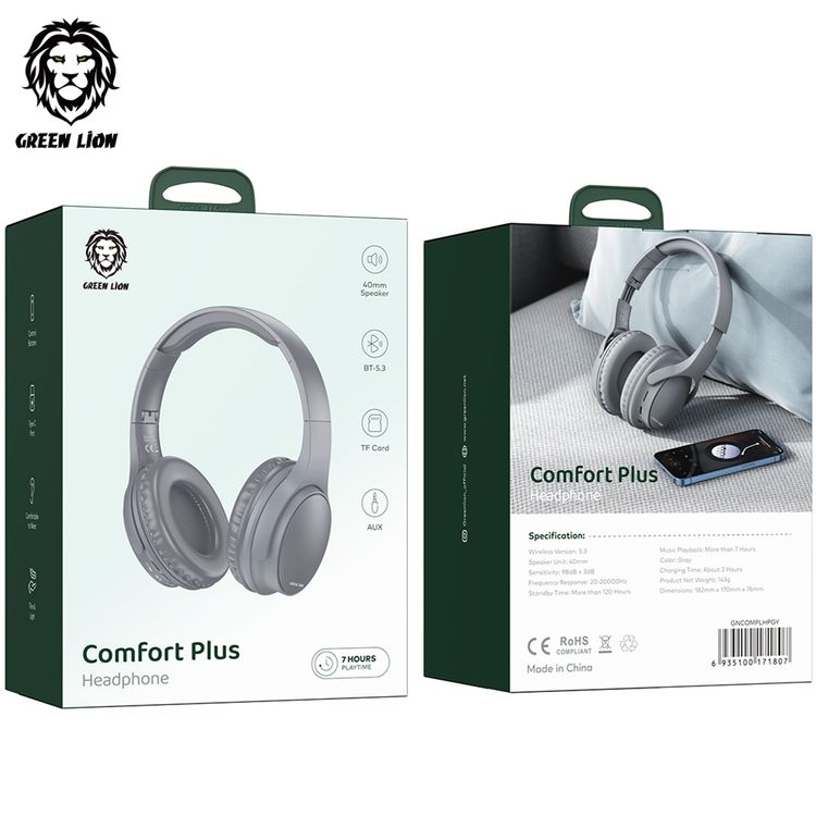 Green Lion Comfort Plus Over-Ear Headphones, Wired and Wireless Connection, 7 Hours Playtime,  Bluetooth Version 5.3, Comfortable to Wear - Gray