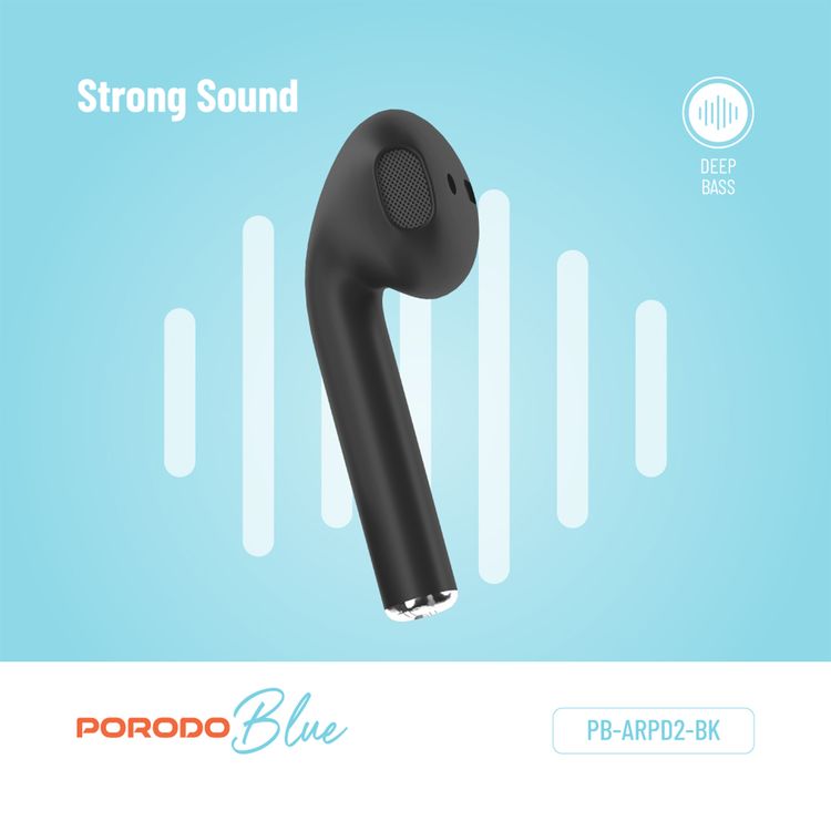 Porodo Blue Deep Bass Wireless Earbuds 2, One-Step Pairing, Comfortable Fit, Independent Earbuds, Touch Control, Deep Bass - Black
