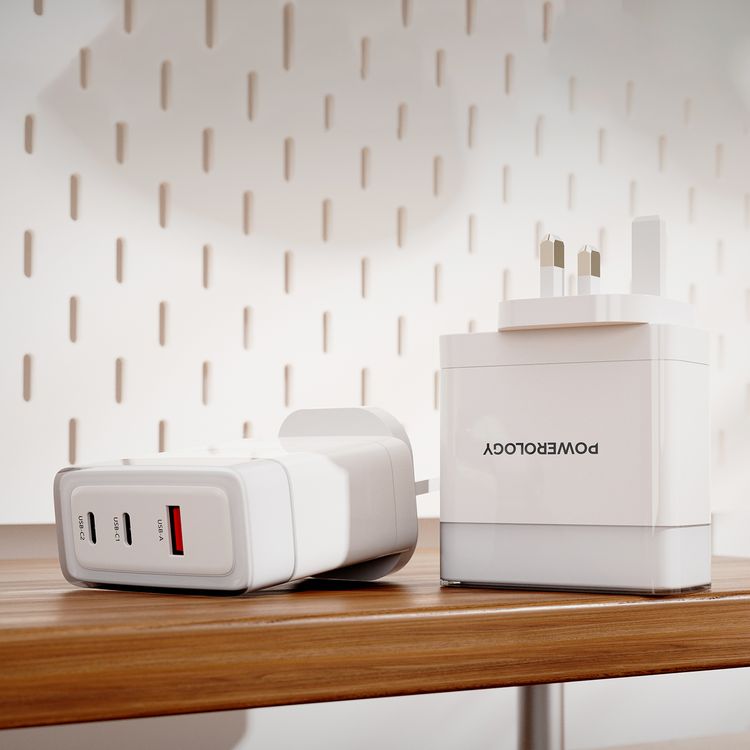 Powerology Lunex Series 3-Port Fast Charging Adapter with 100W PD USB-C Output, 18W QC USB-A Output, Multi-Device Charging, Powerful Laptop Charging, Universal Protocol Support - White