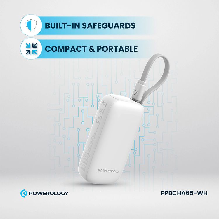 بنك طاقة Powerology بسعة 5000 مللي أمبير في الساعة مع سلك USB-C قابل للإزالة، وتقنية شحن متقدمة، وشحن لجهازين، وصغير الحجم وقابل للحمل، مع حماية مدمجة، وتوصيل طاقة بقوة 20 وات - أبيض
