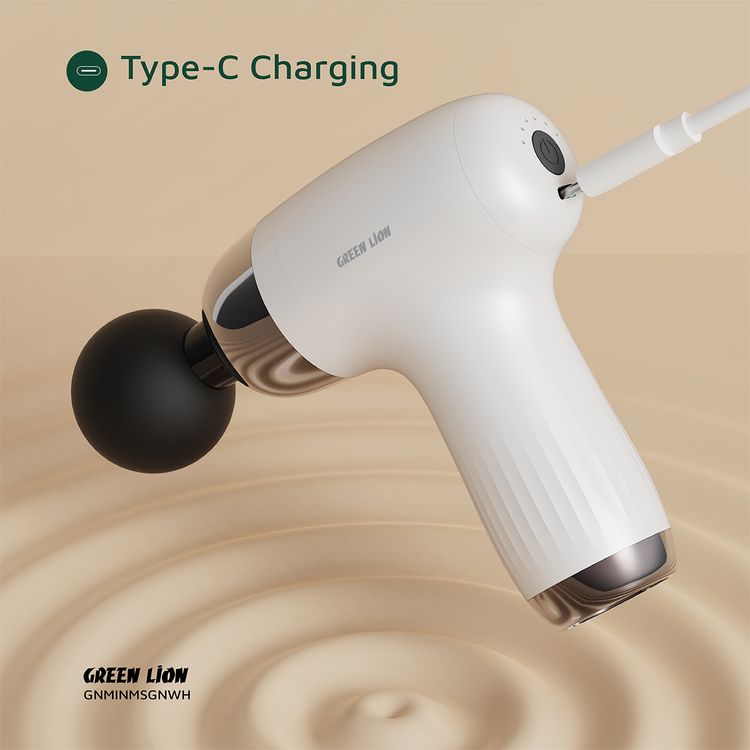 Green Lion Mini Massage Gun with 4 Massage Heads & 6 Speed Levels, ABS Material, Up to 2 Hours Working Time, Auto Shut-Off Function, 1200-3200 RPM Range, 24W Power, Brushed Motor, 1200mAh Battery - White