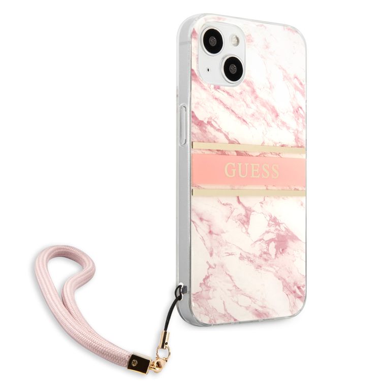 CG MOBILE Guess PC/TPU Case Marble Design & Stripe with Anti-Lost Nylon Strap for iPhone 13 (6.1") Shock Absorption & Drop Protection Suitable with Wireless Chargers Officially Licensed Pink