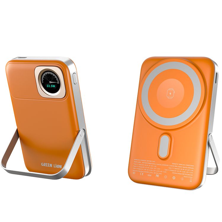 Green Lion Volt Gauge 10000mAh Power Bank PD 22.5W with iWatch Wireless Charging, MagSafe Compatible, Real-Time Power Display, Dual USB-C Ports, MagSafe Compatible, Flight Approved, Built-in Kickstand - Orange