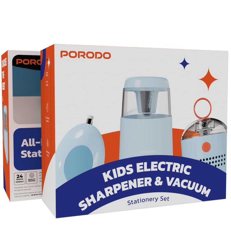 Porodo Kids Electric Sharpener & Vacuum Stationary Set with Child-Friendly Design, Type-C Charging Port, Child-Friendly Design, Desktop Vacuum Cleaner,  Electric Eraser, Stapler & more - Blue