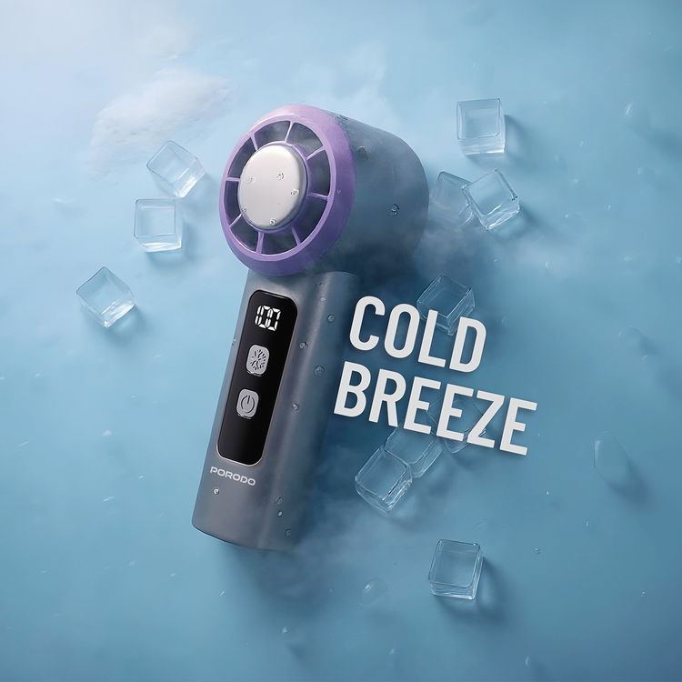 Porodo Frostwave Portable Cooling Fan with 5 Adjustable Speed Levels, 3000mAh Battery Capacity, 5 Hours Fan Working Time, 3 Hours Cooler Working Time, DC Brushless Motor, USB-C Charging Interface, Cold Breeze Function, Compact & Portable - Gray