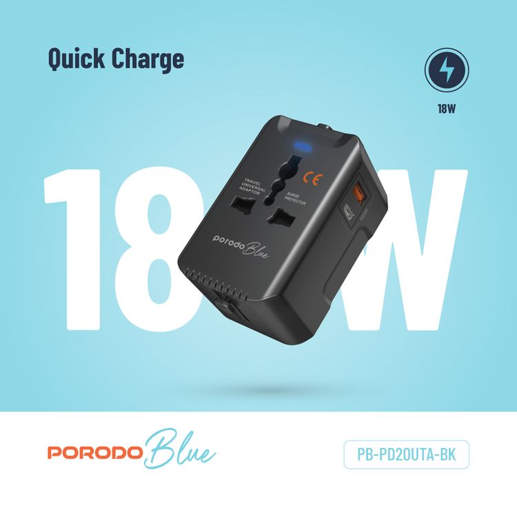 Porodo Blue Dual Port 20W Power Delivery and 18W Quick Charge Universal Wall Charger with US/AU/EU/UK Plugs, Built-in Safeguards - Black