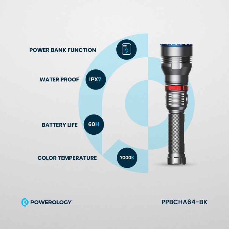 Powerology Rechargeable LED Flashlight with Power Bank Function, IPX7 Waterproof, 60 Hours Battery Life, 7000K Color Temperature, 920 Meters Beam Distance - Black
