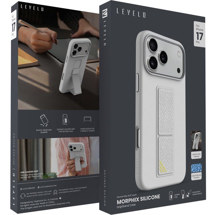 غطاء ليفيلو مورفيكس سيليكون جريب ستاند لجهاز آيفون 17 برو، لمشاهدة بدون استخدام اليدين، بطانة داخلية من الألياف الدقيقة الحقيقية، حامل أفقي وعمودي، ممتص للصدمات، حواف بارزة للكاميرا والشاشة، تصميم نحيف - فضي