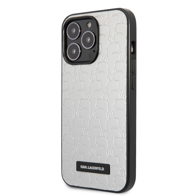 Karl Lagerfeld PU Leather Kameo Embossed Pattern with Plague Hard Case for iPhone 13 Pro - Silver