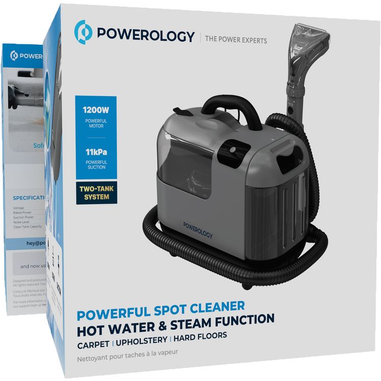 Powerology Powerful Spot Cleaner with Hot Water & Steam Functions, 1800mL Dirty Tank Capacity, 75dB Noise Level, 11kPa Suction Power, Dual-Tank System - Gray