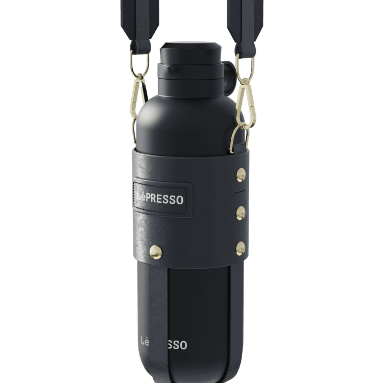 LePresso ThermaTrail Thermos Bottle with Crossbody Strap, 650 mL Capacity, -20°C to 100°C Water Temperature Range, Leather Strap Material, Tea Brewing, 316 + 304 Stainless Steel+PP+Silicone Material - Black