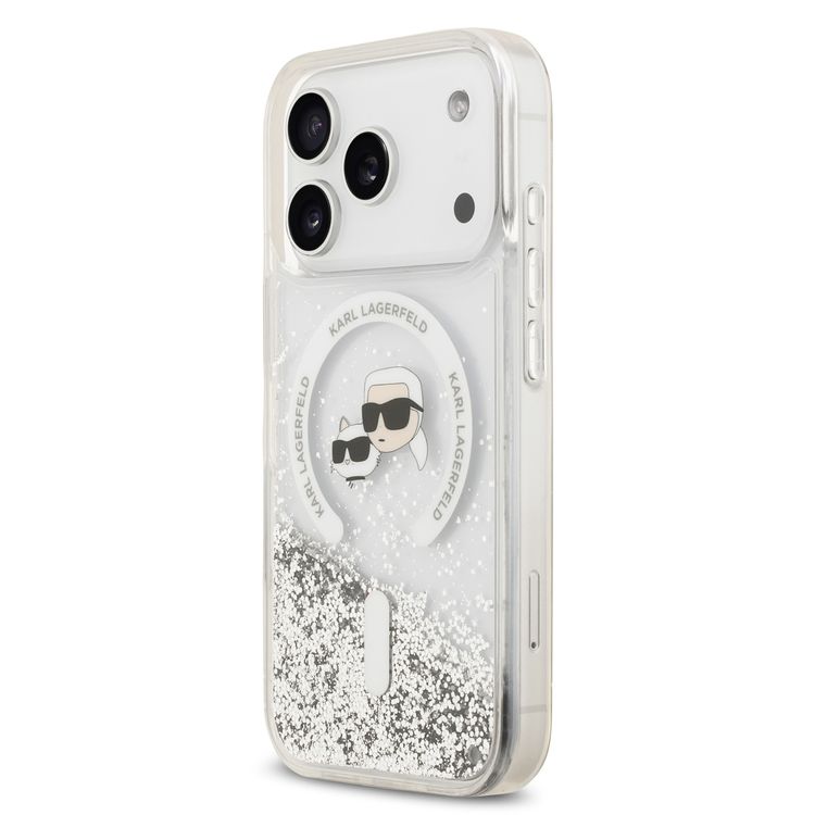 Karl Lagerfeld MagSafe Liquid Glitter Case with Karl & Choupette Heads for iPhone 17 Pro Max, Drop Protection, Comfortable Grip, Slim Profile & Lightweight Design, Sustainable Packaging, Easy Snap-On - Transparent