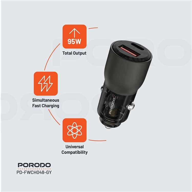 Porodo 95W Car Charger Transparent  with 90cm Lightning Cable, Simultaneous Fast Charging, Universal Compatibility - Gray