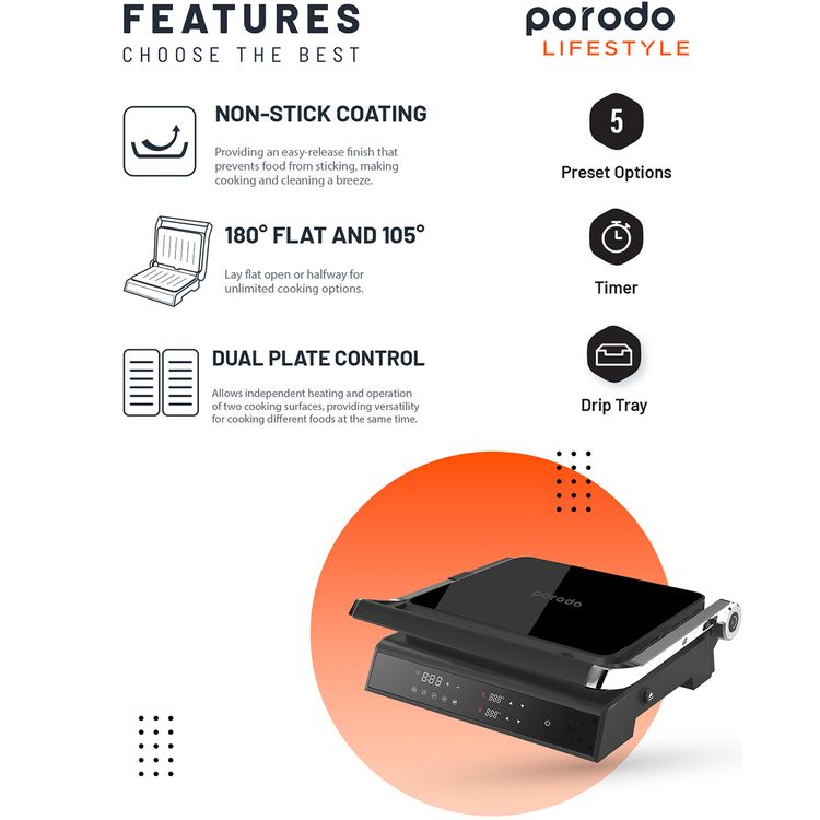 Porodo Lifestyle Glasstop Digital Grill with Removable Grill Plate, 5 Preset Options, 180° Flat Open & 105° Adjustable Lid, 90°C to 230°C Temperature Control - Black