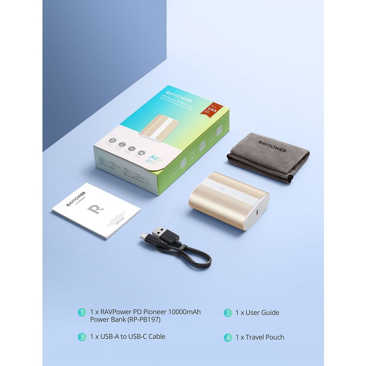 RAVPower 2-Port PD Pioneer Mini Power Bank 10000mAh 18W Fast Charging, Pocket Size Portable Charger Design, USB-C Universal Port, Anti-Scratch Metal Casing