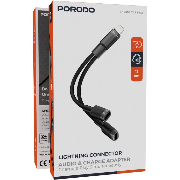 محول Porodo Audio & Charge مع موصل Lightning، صوت نقي، شحن مثالي، مدخلات للصوت والشحن عبر Lightning، توافق واسع، الشحن والتشغيل في نفس الوقت - أسود