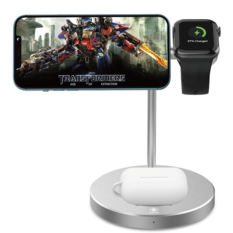 Green Lion 3-in-1 Wireless Charger with 15W Maximum Wireless Output, Aluminum Alloy Material, 2.5W Watch Output, Built-in Safeguards, Simultaneous Charging, Wide Compatibility - Silver