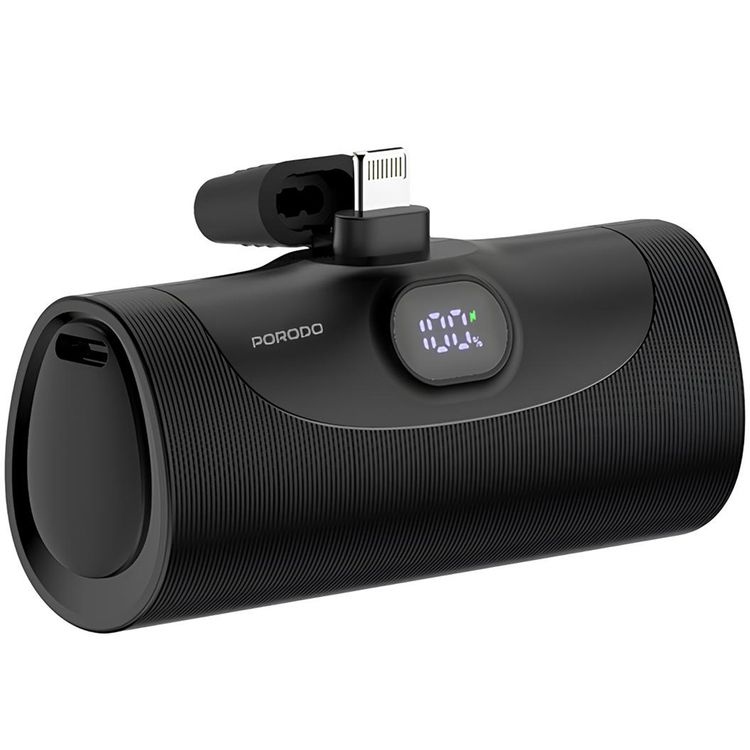 Porodo 5000mAh 4 in 1 Power Bank Station with Dual Lightning and Type-C Integrated Connectors, 20W PD, Portable, Integrated Kickstand, LED Digital Display - Black 