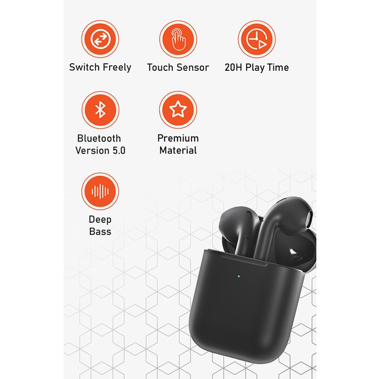 Porodo Blue Deep Bass Wireless Earbuds 2, One-Step Pairing, Comfortable Fit, Independent Earbuds, Touch Control, Deep Bass - Black