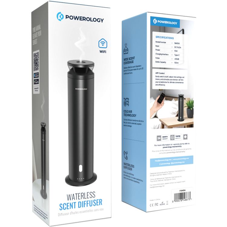 Powerology Waterless Scent Diffuser with 120mL Bottle Capacity, 10W Power, Wi-Fi Compatibility, Cold Air Technology, 100m² Scent Coverage Range, Remote Control Included - Black