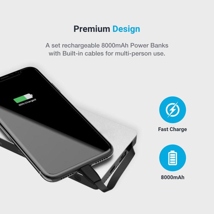 Powerology 8-in-1 Power Bank Station 8000mAh With Built-in Cable, Portable Power Bank and 1 Rapid Recharging Station Compatible iPhone Devices, Type C Charging Ports - Silver