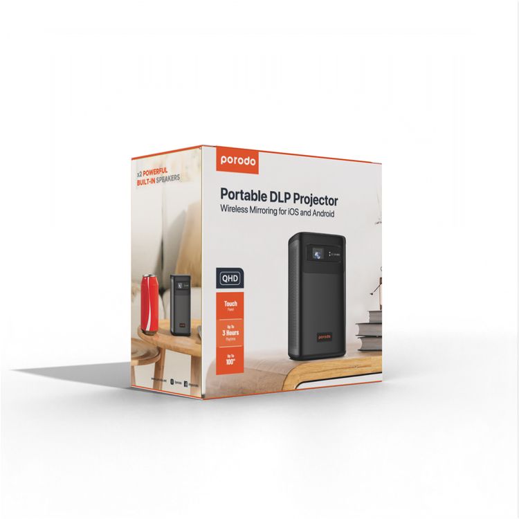Porodo Portable DLP Projector with Wireless Mirroring for iOS and Android, 8000mAh Battery, 2-3 Hours Working Time, 180 ANSI Brightness, 16:9  Screen Ratio, 2 Integrated Speakers - Black