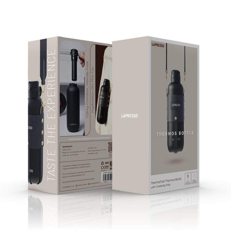 LePresso ThermaTrail Thermos Bottle with Crossbody Strap, 650 mL Capacity, -20°C to 100°C Water Temperature Range, Leather Strap Material, Tea Brewing, 316 + 304 Stainless Steel+PP+Silicone Material - Black