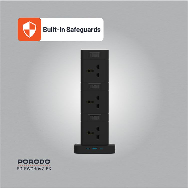 Porodo Three-Story Power Hub with USB-C PD & Quick Charge 3.0, Built-in Safeguards, 3m Cable Length, 12 AC Sockets, PC Material - Black