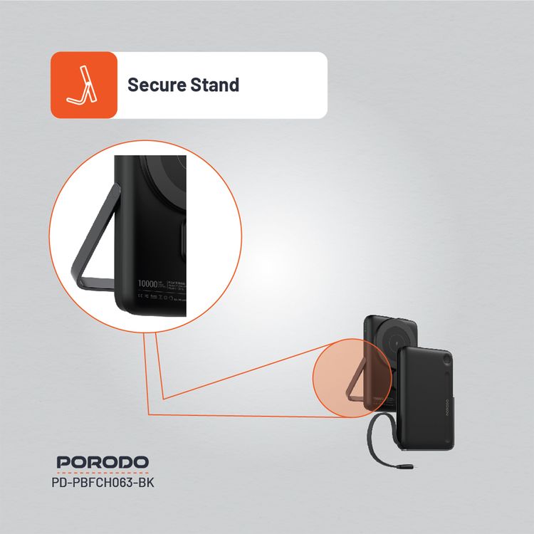 Porodo 10000mAh Power Bank with Built-in Type-C Cable & Stand, Strong Magnetic Hold, 20W Power Delivery, Fast Charging Support, 15W Wireless Output - Black
