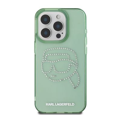 Karl Lagerfeld IML Hard Case for iPhone 16 Pro Max with Rhinestones Karl Head Logo, Slim Profile, Lightweight, Easy Snap-on, Drop Protection, Sustainable Packing - Kaki