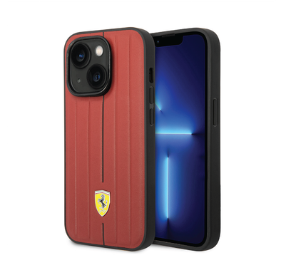 Ferrari Leather Case With Embossed Stripes & Yellow Shield Logo - iPhone 14 - Red