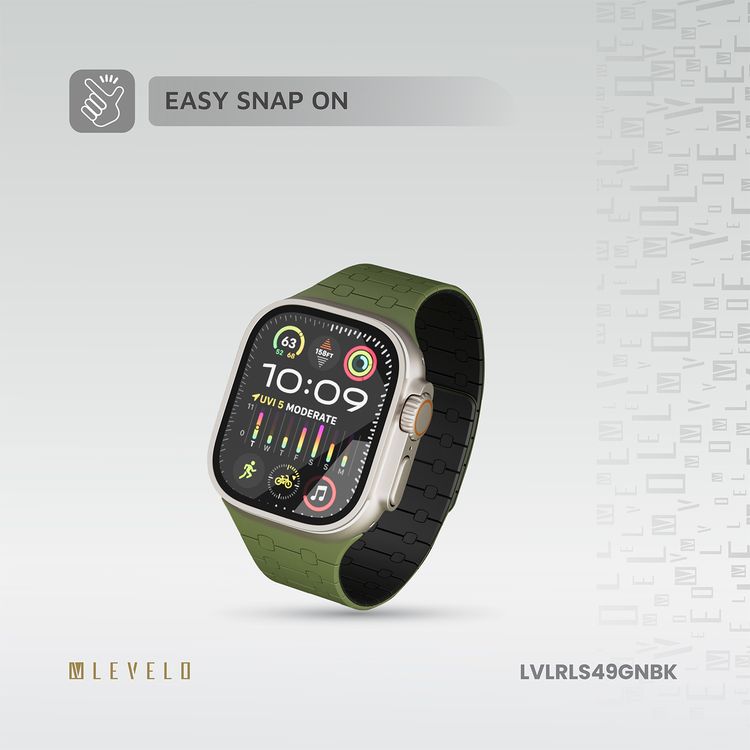 سوار سيليكون Levelo Royallink مزدوج اللون لساعة Apple مقاس 49/46 ملم، مصنوع من مادة مضادة للحساسية، يحتوي على 32 مغناطيس مدمج، مقاوم للماء والعرق، نظام تثبيت مغناطيسي قوي، سهل التركيب - أخضر / أسود.