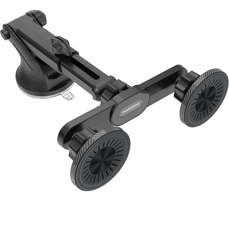 Porodo DAX-L Dual MagSafe Car Phone Mount with 360° Adjustable Telescopic Arm, Dual Phone Holder, Strong Suction Base, Lock and Unlock Function, ABS Material, Adjustable Height, Multi-Surface Mounting, 15× Strong N52 Magnets - Black