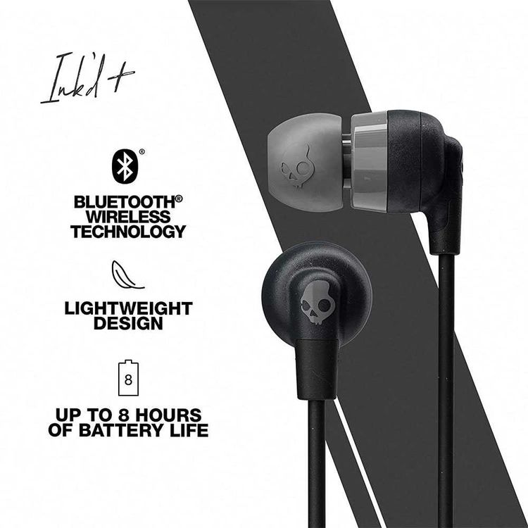 Skullcandy Ink'd+ Wireless In-Ear Earbuds with Microphone, Call, Track, & Volume Control, 8-Hours Battery Life + Rapid Charge, Bluetooth Headset with Activate Assistant - Black/Gray
