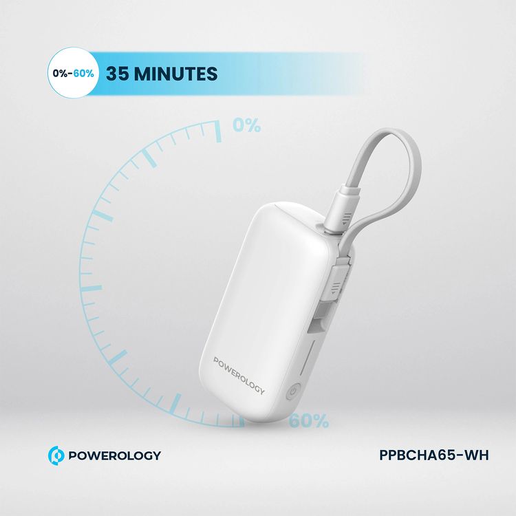 بنك طاقة Powerology بسعة 5000 مللي أمبير في الساعة مع سلك USB-C قابل للإزالة، وتقنية شحن متقدمة، وشحن لجهازين، وصغير الحجم وقابل للحمل، مع حماية مدمجة، وتوصيل طاقة بقوة 20 وات - أبيض