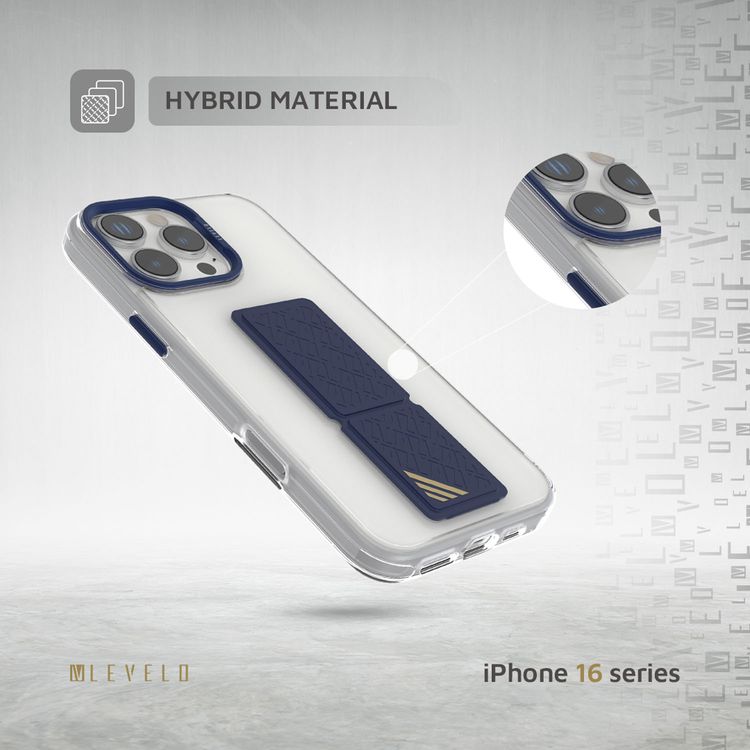 Levelo Morphix Clara Case for iPhone 16 Pro, Hybrid Material, Impact-Resistant Corners, Built-in Leather Grip, Metal Camera Ring - Blue