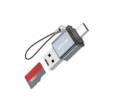 Green Lion 2-in-1 Card Reader with Supports Micro SD Cards, Wide Compatibility, Keychain Lanyard, Plug & Play, Aluminum Alloy Material, 480Mbps Transfer Speed - Gray