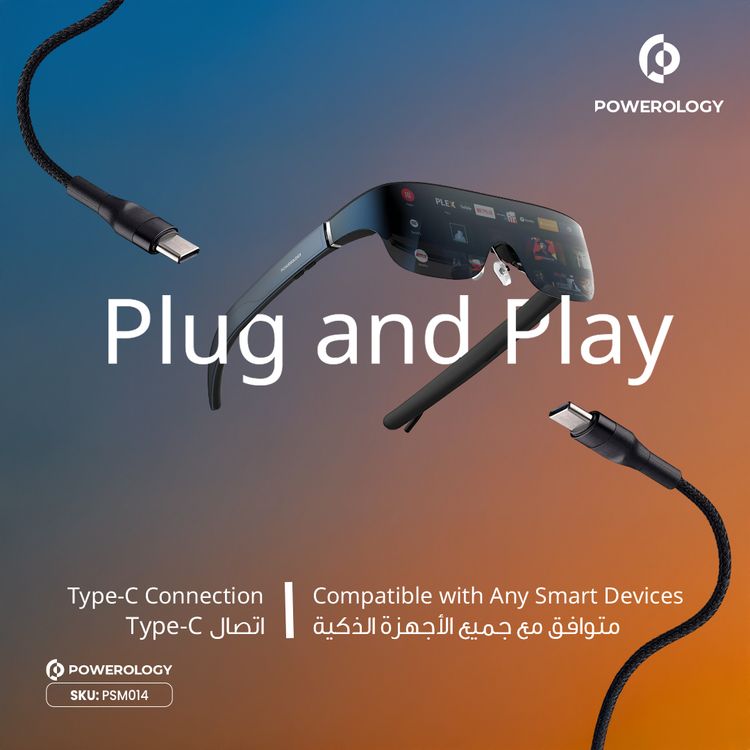 Powerology 2D/3D Ultra AR Movie Glasses with Si-OLED Display, 1920x1080p Resolution, 120" Virtual Display, 1800 nits Brightness, 41° Field of View, 90Hz Refresh Rate, 24 Bit-Color Depth, No Glare, Tailored Clarity - Black