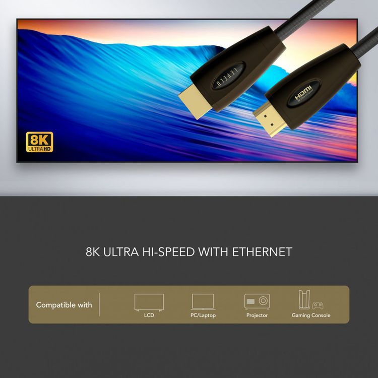 كابل Levelo HDMI بجودة Ultra HD، غلاف من سبائك الزنك، سرعة فائقة، ديناميك HDR، دقة تصل إلى 10K، طول الكابل 2 متر، موصل مطلي بالذهب عيار 24K، توصيل وتشغيل - أسود.