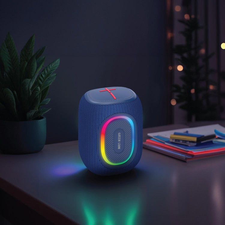 مكبر صوت لاسلكي بريستون من جرين ليون، سعة بطارية 1200 مللي أمبير في الساعة، وقت تشغيل 6-7 ساعات، منفذ شحن من النوع C، مقاوم للماء، ضوء RGB وتأثيرات إضاءة متعددة، مسافة بلوتوث 10 متر - أزرق