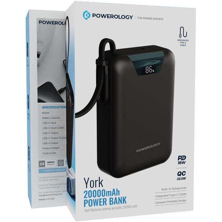 Powerology York 20000mAh Power Bank with PD 18W, QC 22.5W, Integrated Type-C Cable, USB-A & USB-C Ports, Fast Charge Support, Simultaneous Charging, Digital Battery Display - Black