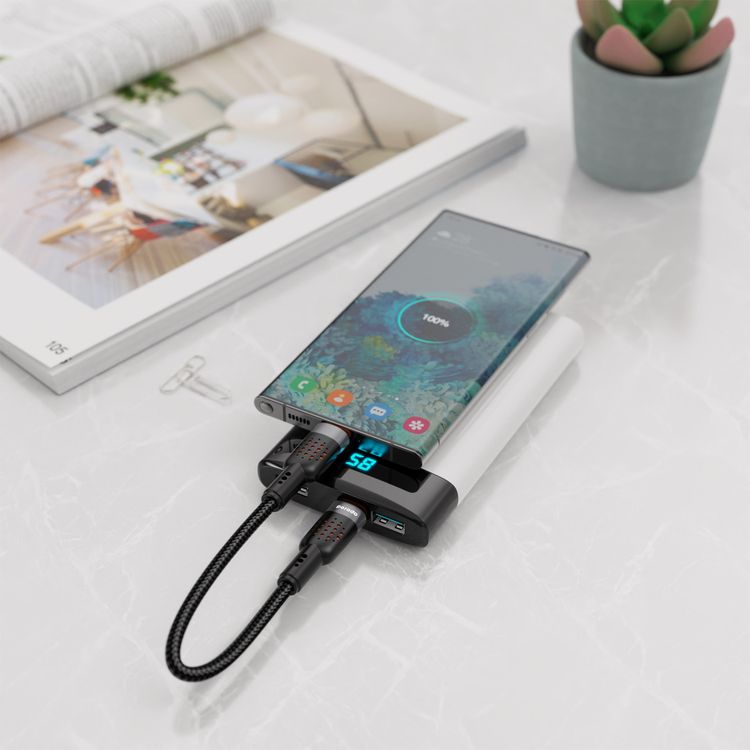 Porodo  Aluminum Alloy 25cm Braided Cable Type-C to C, PD 60W, 480Mbps Transfer Speed, more than 15000 Bends Life Span, Tangle Free - Black