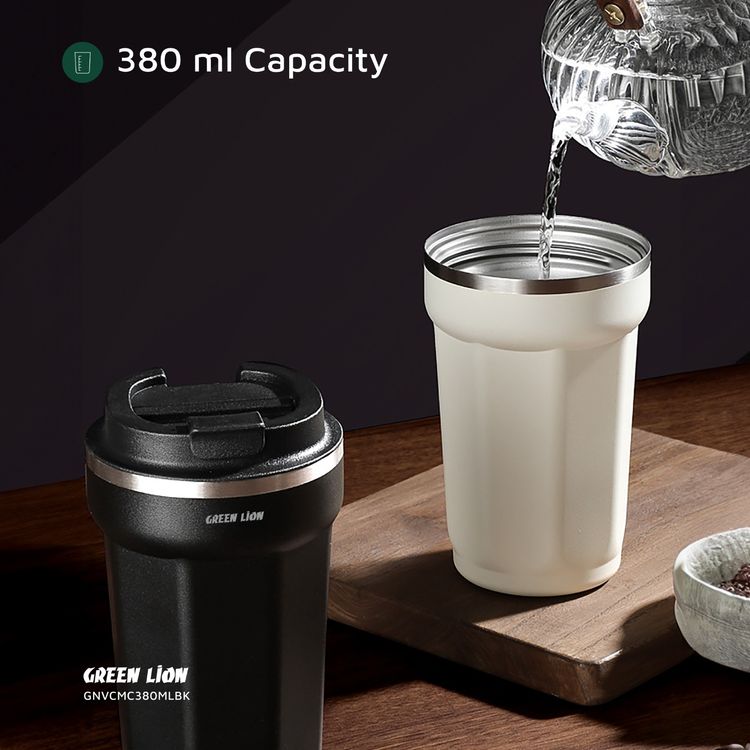 كوب تفريغ جرين ليون، سعة 380 مل، مصنوع من الفولاذ المقاوم للصدأ، عازل حراري بجدار مزدوج، تصميم فاخر - بيج