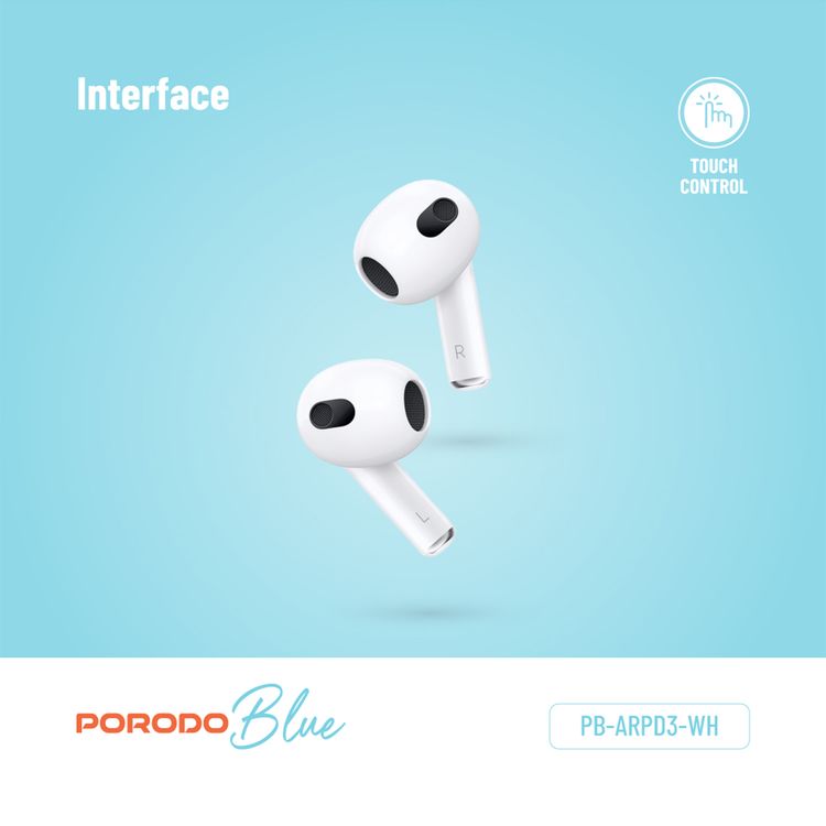 Porodo Blue Deep Bass Wireless Earbuds 3, 20 Hours Working Time, Type-C Charging Port, Environmental Noise Cancellation, Independent Earbuds, Touch Control - White