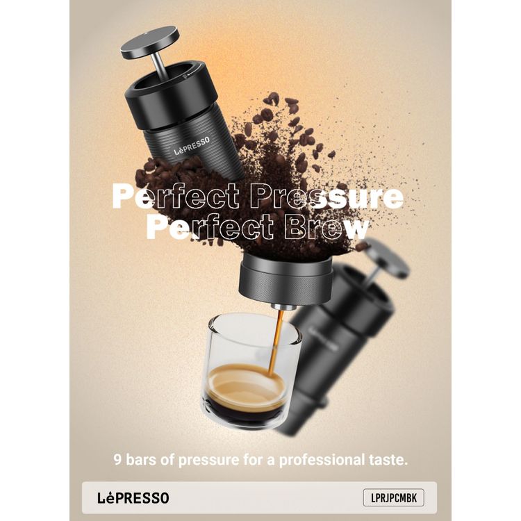 LePresso Professional Hand-Press Espresso Maker with 9 Bar Pump Pressure, Standard 51mm Portafilter, 80mL Water Tank Capacity, 15-18g Coffee Powder Capacity, 304 Stainless Steel & Aluminum Alloy Materials, Travel-Friendly Design, 2 Cups of Espresso - Black