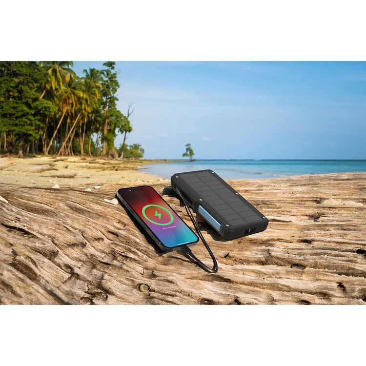 Powerology 20000mAh Solar Wireless Charging Power Bank with Simultaneous Charging, Multi-Mode Flashlight, 0% - 65% Charging in 35 Minutes, 70mm Cable Length - Black