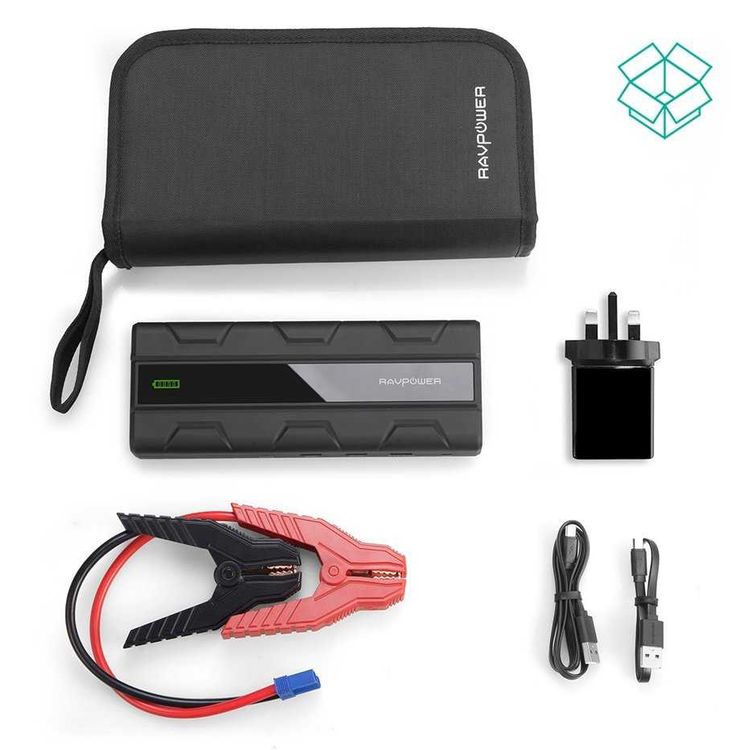 RAVPower Portable Car Jumper Starter 14000mAh 1000A Power Bank UK with LED Flashlight & Smart LCD Display - Quick Charge 3.0 with iSmart Technology - 360 Degree Protection - Black