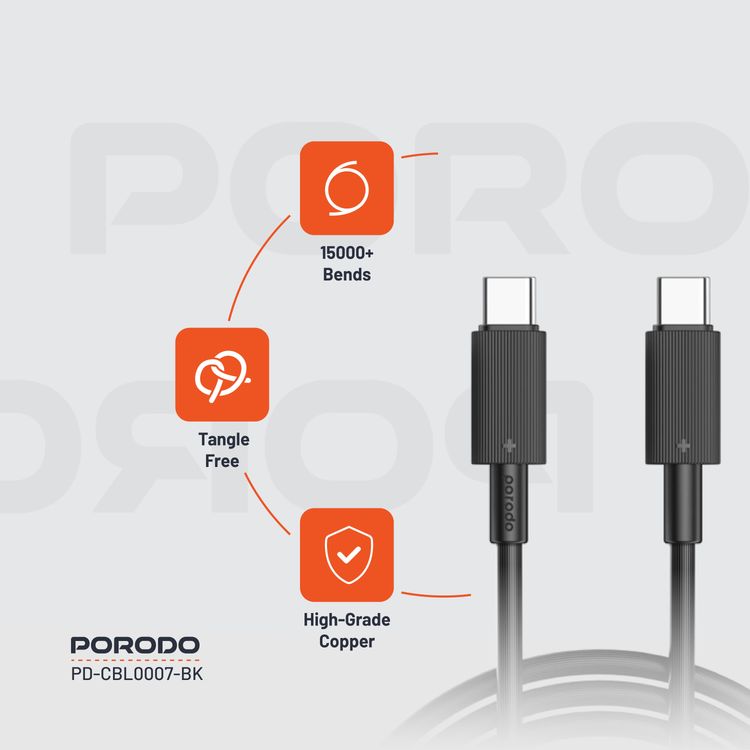 كابل بورودو من النوع C إلى C PVC بطول 3 متر، سرعة نقل 480 ميجابت في الثانية، PD 60 وات، عمر افتراضي يزيد عن 15000 ثنية، خالٍ من التشابك - أسود