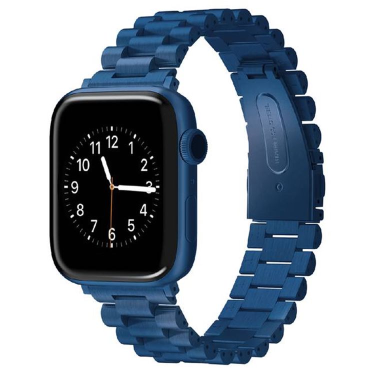Viva Madrid Dayton Metal watch Strap for Apple Watch Series 42/44mm with Quick-release Folding Clasp, 304 Stainless Steel, Up to 10 Removable Links, Polished Outer Links with Brushed Center Links - Blue
